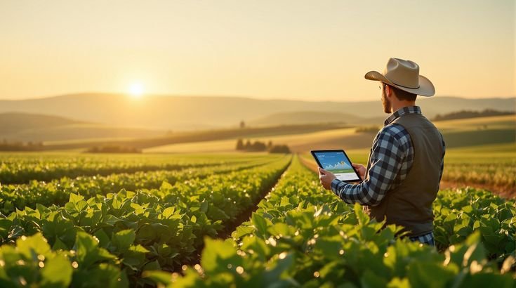 Farmer in field with tablet